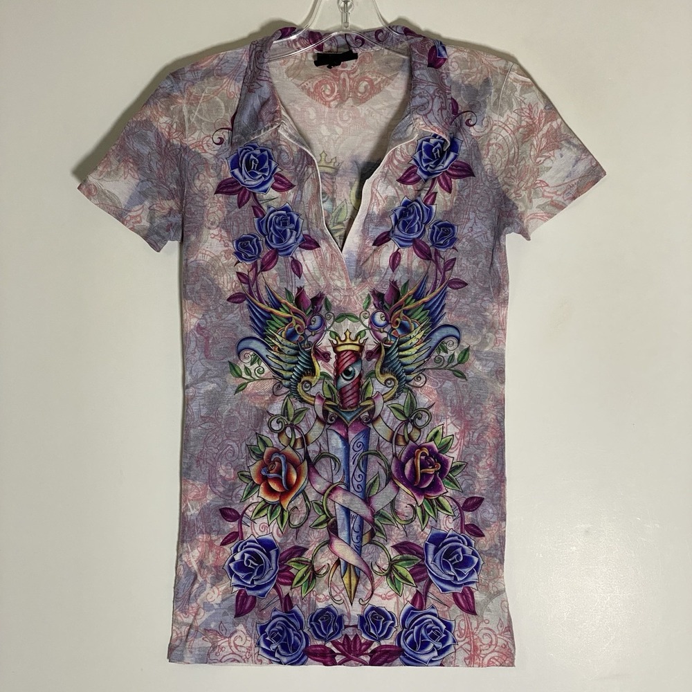 Vintage Christian Audigier Top Large Multi Floral Flying Dagger Wings Tattoo Y2K